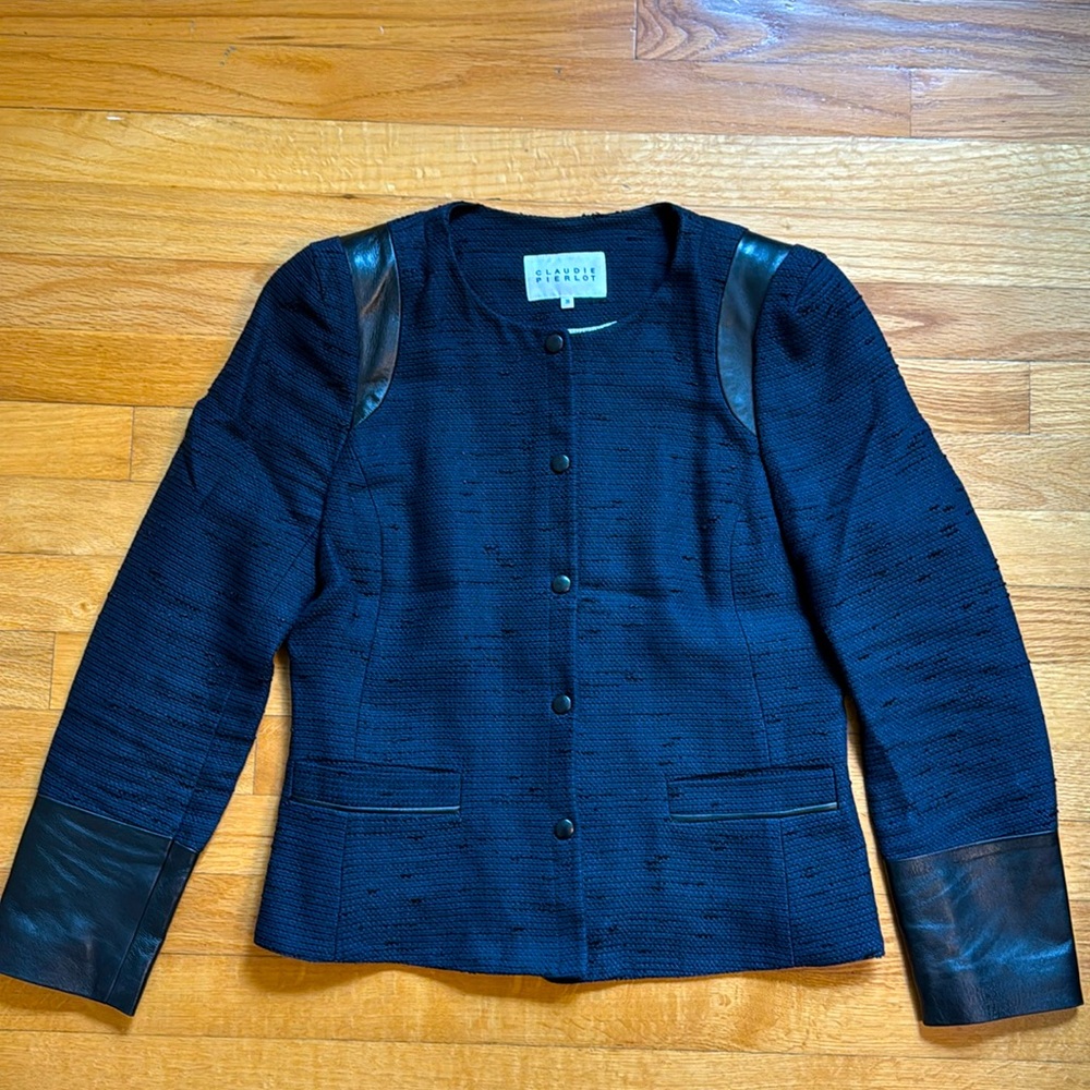 Claudie Pierlot dark blue blazer with black leather details - size 38 France